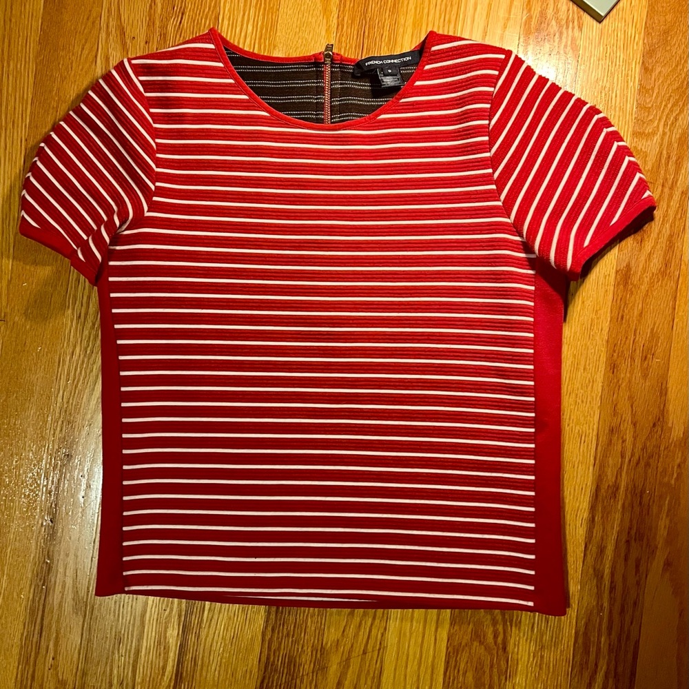French Connection Red and White Boxy Short Sleeve Tee